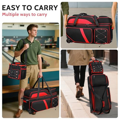 4 Ball Bowling Bag with Wheels, 3 Ball Bowling Bags Roller with 1 Ball Add On Bag, Multi-Pockets & Shoe Compartment (Fits Up to Size 16) - color: Red