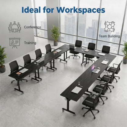 Folding Conference Table with Wheels, Mobile Flip-Top Training Table, Modular Space-Saving Meeting Table for Office, Classroom, Seminar, Library (10, Black, 55IN) - color: Black, size: 55IN