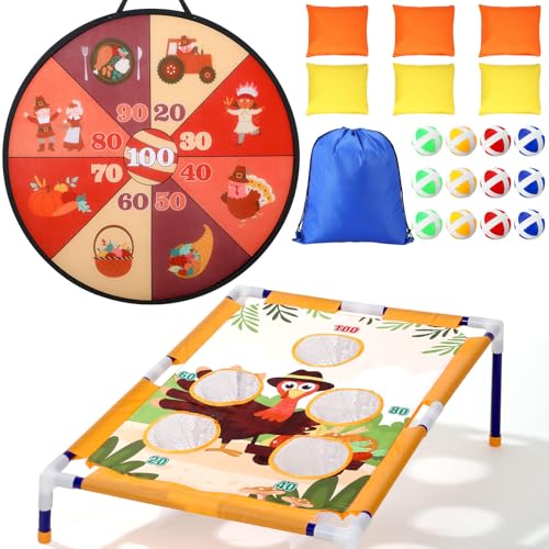 HyDren 22 Pcs Fall Thanksgiving Bean Bag Toss Game for Kids Adults Fall Festival Party Games Turkey Pumpkin Dart Board with Balls Corn Hole Games Set for Family Party Indoor Outdoor Yard Activity