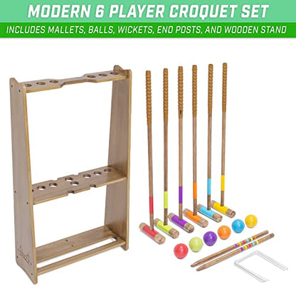 GoSports Premium Wood Stained Six Player Croquet Set with Handcrafted Wooden Stand