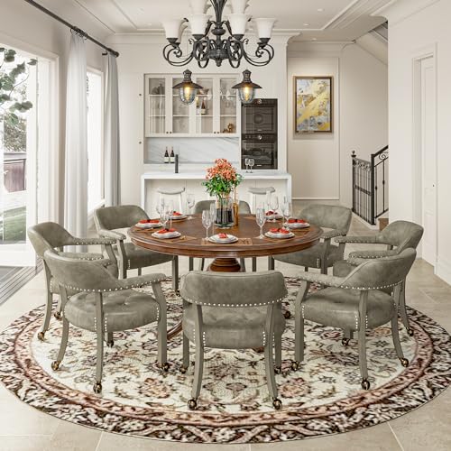 Set of 4 Dining Chair with Casters, Accent Captains Leather Chairs with Wheels & Arms,Wheeled Roller Wood Chairs for Kitchen & Game Poker Table,Antique Grey(NO Table!) - color: Antique Grey