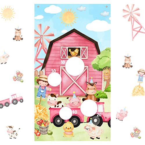 Farm Animal Bean Bag Toss Game, Bean Bag Toss Game, Pink Animal Print Banner with 3 Bean Bags for Outdoor Indoor Games Family Activity Birthday Party Decorations Supplies