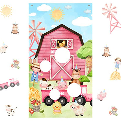 Farm Animal Bean Bag Toss Game, Bean Bag Toss Game, Pink Animal Print Banner with 3 Bean Bags for Outdoor Indoor Games Family Activity Birthday Party Decorations Supplies