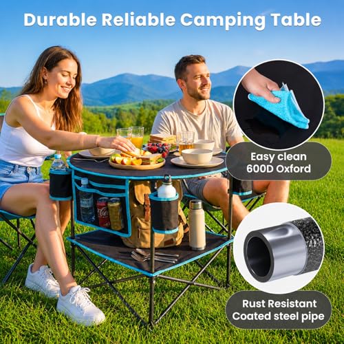 FUNDANGO Portable Camping Table Foldable, Lightweight 2-Tier Folding Beach Table with 4-Cup Holders & Carry Bag for Picnic Tailgate Backyard Outdoor