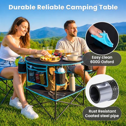 FUNDANGO Portable Camping Table Foldable, Lightweight 2-Tier Folding Beach Table with 4-Cup Holders & Carry Bag for Picnic Tailgate Backyard Outdoor