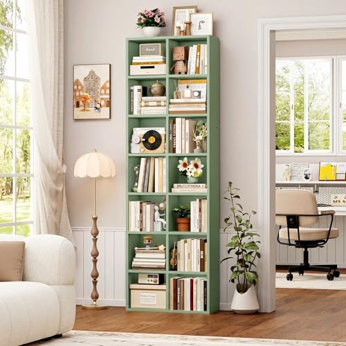 FOTOSOK 71'' Tall Bookshelf with 14 Cubes, 7 Tier Double Wide Bookshelf with 6 Adjustable Shelves, 19.6" Narrow Bookcase DVD/CD Media Storage Shelf, Space Saving Display Shelf Cabinet, Green - color: Green