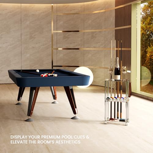Sumerflos Acrylic Pool Stick Holder with Casters - Hold 10 Cues & 16 Balls Clear Pool Cue Rack for Billiard Game Room Portable