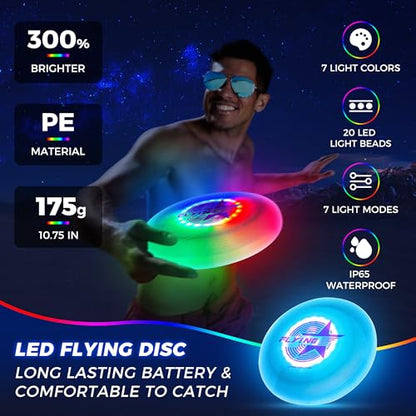 Glow in the Dark LED Flying Disc - 7 Dynamic Modes, 7 Colors, IP65 Waterproof, Perfect Birthday & Camping Gift for Men/Boys/Teens/Kids - Outdoor Games & Cool Toys, 175g