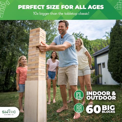SWOOC Games® - Giant Tower Game with 3-in-1 Straightener, Table & Storage Box - 90% Faster Set Up with Transforming Box & Straightener - Starts at 2-4ft - Grows to Over 6ft - Large Outdoor Yard Games