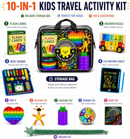 Kids Travel Activity Kit, 10-in-1 Montessori Busy Board, LCD Writing Tablet, Wooden Puzzle, Flash Cards & Sensory Fidget Toys, Screen-Free Travel Toys, Gift for Kids Ages 3–10