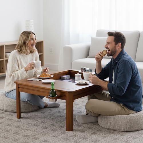 Solid Wood Board Game Coffee Table with Removable Top, 3-in-1 Gaming and Dining Table Includes Play Mat & Detachable Cup Holders, 48" L x 33" W - color: Cherry01