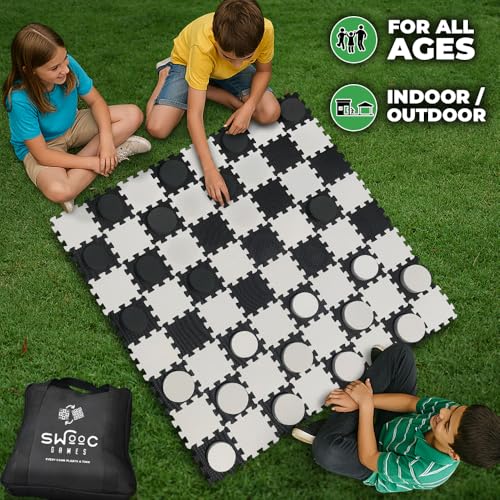 Swooc Games® - 2-in-1 Premium Giant Checkers & Tic Tac Toe Game (4ft x 4ft) - 100% High Density EVA Foam Mat & Pieces - Extra Large Checkers Set with Jumbo Checkerboard and Yard Size Tic Tac Toss