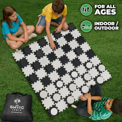 Swooc Games® - 2-in-1 Premium Giant Checkers & Tic Tac Toe Game (4ft x 4ft) - 100% High Density EVA Foam Mat & Pieces - Extra Large Checkers Set with Jumbo Checkerboard and Yard Size Tic Tac Toss