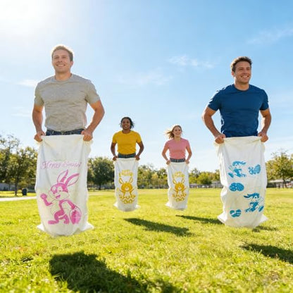 6 Potato Sack Race Jumping Bags with Bunny Ears Headbands，Easter Sack Race for Adults Easter Eggs Hunt Party Supplies Outdoor Family Games