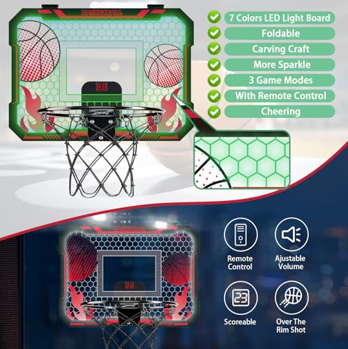 VROGTIK Indoor Basketball Hoop for Kids with Led Lights Mini Basketball Hoop with Remote Control Over The Door Basketball Hoops with Scoreboard Basketball Toys for 4-12 Year Old Boys Girls - style: Red with Lights