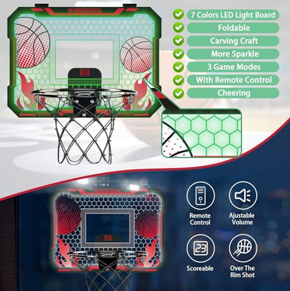VROGTIK Indoor Basketball Hoop for Kids with Led Lights Mini Basketball Hoop with Remote Control Over The Door Basketball Hoops with Scoreboard Basketball Toys for 4-12 Year Old Boys Girls - style: Red with Lights