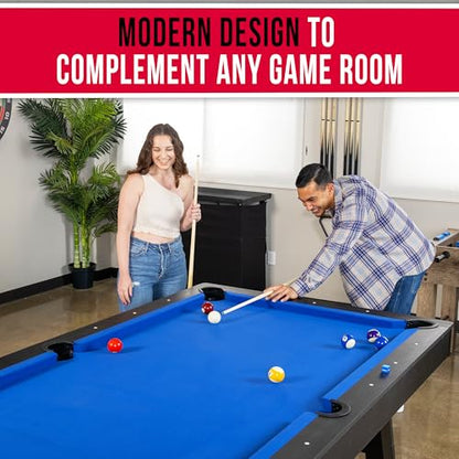 GoSports 8 ft Pool Tables with Wood Finish - Choose Your Style - Modern Billiards Table with 2 Cue Sticks, Balls, Rack, Felt Brush and Chalk - color: Blue, Black Wood Finish