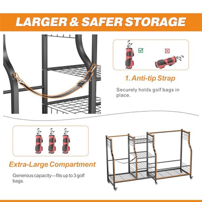 Ultrawall Golf Bag Storage Rack Organizer, Golf Bag Holder Stand for Garage, Golf Equipment Rack - size: 57.75in-Holds 3 Golf Bags