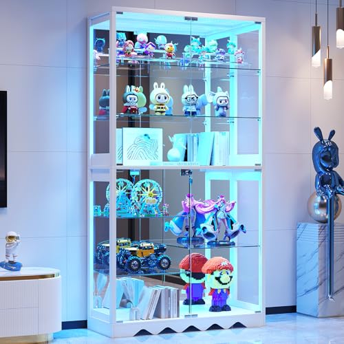 Large Display Cabinet with Glass Doors, 8-Tier RGB Curio Cabinet with Smart Human Induction & Remote Control, 73" Tall Stable Glass Display Case for Collectibles, Figures, Lockable Storage, White