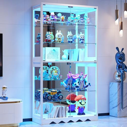 Large Display Cabinet with Glass Doors, 8-Tier RGB Curio Cabinet with Smart Human Induction & Remote Control, 73" Tall Stable Glass Display Case for Collectibles, Figures, Lockable Storage, White