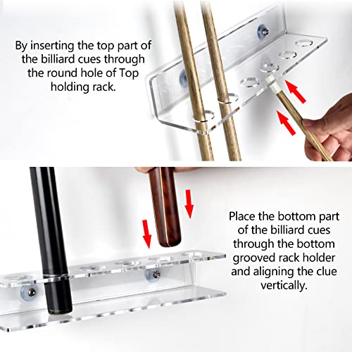 Pool Cue & Ball Rack Wall Mount – Acrylic Billiard Storage Holder, Self-Adhesive or Screw Mounted, Space-Saving Game Room Organizer (Top Hole 6 Cues Holder) - style: Top Hole 6 Cues Holder
