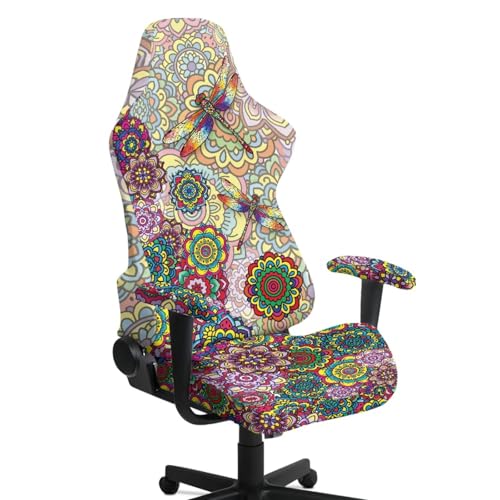 Dragonfly Print Gaming Chair Covers Slipcovers Bohemian Mandala Flower Print Game Chair Cover with Armrest Covers Skin Friendly Breathable - color: Multi - Dragonfly Bohemian Mandala Flower