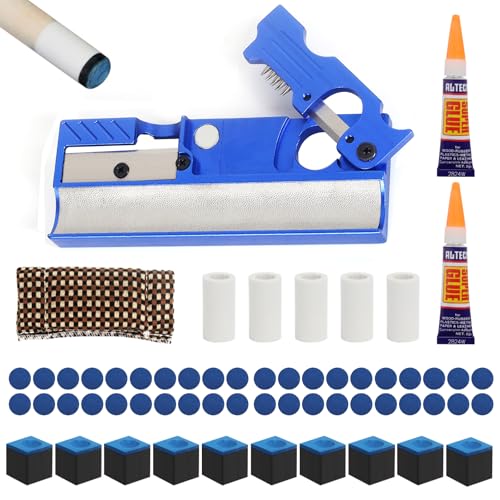 Vefungyan Pool Cue Tips Replacement Kit: 11 in1 Billiards Pool Cue Tip Repair Shaper Tool with 20pcs cue Tips 5 Chalk for Replacement - color: Matel Blue 2