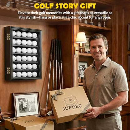 JupDec Golf Ball Display Case Frame for 30 Balls, Dustproof Solid Wood Holder Box with Unobstructed Clear View, Velvet Lined Cabinet with Removable Shelves, Ideal Gift for Golf Fans - size: 1 Pack