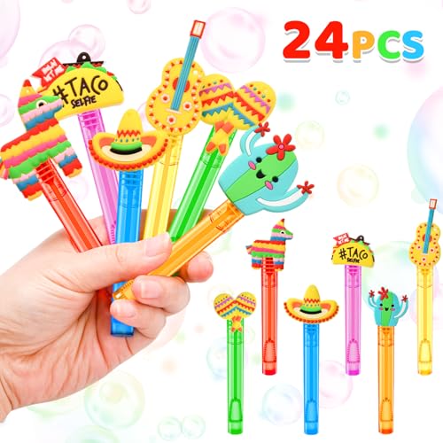 Winrayk Cinco de Mayo Party Favors, 24Pcs Fiesta Mexican Mini Bubble Wands for Kids Bubbles Bulk with Detachable Topper, 6 Styles & Colors (Taco Maraca Llama Cactus Guitar Sombrero), Goody Bag Stuffer - style: Cinco de Mayo