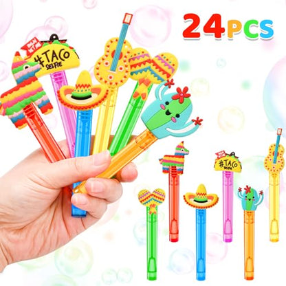 Winrayk Cinco de Mayo Party Favors, 24Pcs Fiesta Mexican Mini Bubble Wands for Kids Bubbles Bulk with Detachable Topper, 6 Styles & Colors (Taco Maraca Llama Cactus Guitar Sombrero), Goody Bag Stuffer - style: Cinco de Mayo