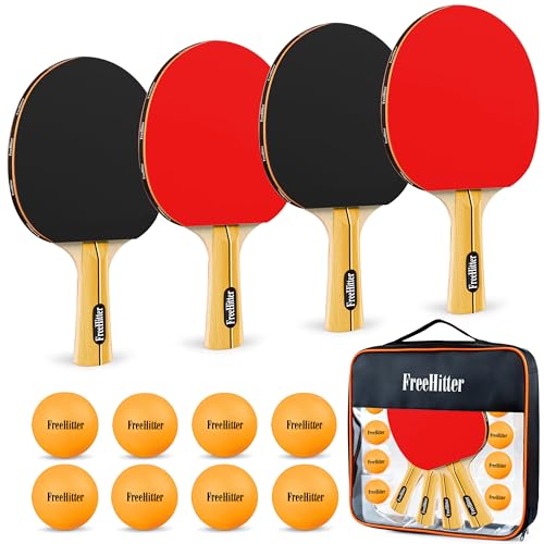 Table Tennis Set, 4 Paddles, 8 Balls & Carry Bag | Poplar wood paddles with EVA sponge & rubber. ABS 3-star balls. Great for family, beginners, office.