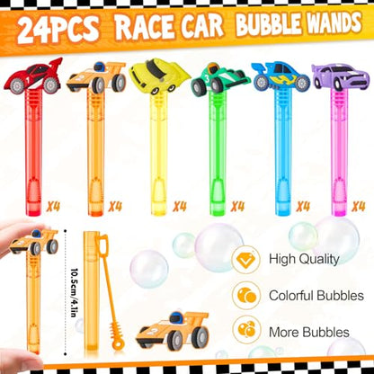 Winrayk Race Car Party Favors, 24Pcs Cars Themed Mini Bubble Wands for Kids Bubbles Bulk with Detachable Topper (6 Styles & Colors), Summer Pool Beach Birthday Supply Goody Bag Stuffer Classroom Prize - style: Race Car