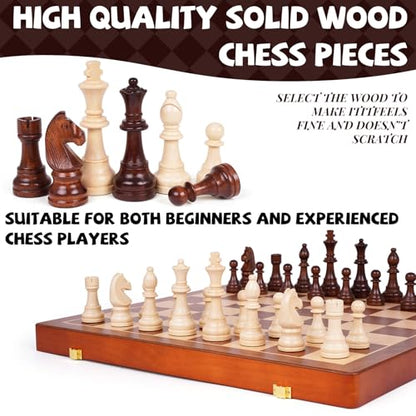 20 Inch Super Large Wooden Chess Set, Hand-Carved Wooden Chess Pieces with 4.5” King, Built-in Storage & 2 Extra Queens, Luxury Folding Tournament Chess Board Game for Adults and Kids