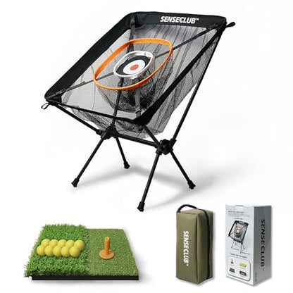 SENSECLUB Foldable Chipping Net with Mat & Balls, Heavy-Duty Practice Golf Net Chipping Target, Backyard Golf Game & Gifts - style: Orange +Mat +Balls