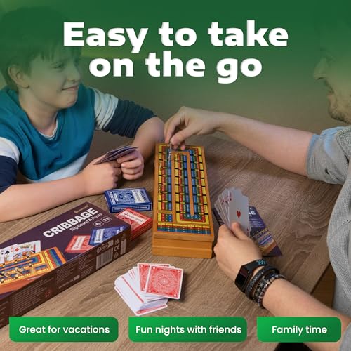 Cribbage Board Game Set with Storage – Wooden 4 Track Cribbage Board for 2–4 Players with Metal Pegs & Playing Cards – Classic Travel & Home Board Game