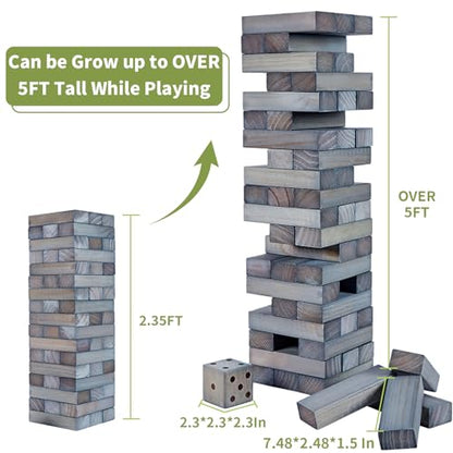 ApudArmis Giant Tumble Tower Stack to Over 5Ft, 56 PCS Pine Wooden Stacking Timber Game with 1 Dice Set - Classic Block Giant Outdoor Game (7.48 * 2.48 * 1.5 in Each Block, Gray) - color: Gray, size: XL-Over 5FT