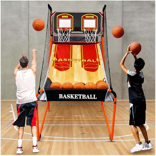 Folding Basketball Arcade Game, Dual Basketball Shooting Machine with Scoreboard, Basketball Hoop Indoor with 5 No.3 Balls