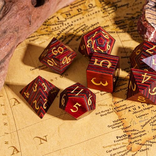 Wood DND Dice Set Red Orange Striped Handmade Wood Dice Set for Role Playing Games and Tabletop Game - color: Red Orange Grey Striped