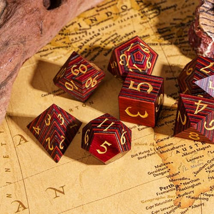Wood DND Dice Set Red Orange Striped Handmade Wood Dice Set for Role Playing Games and Tabletop Game - color: Red Orange Grey Striped