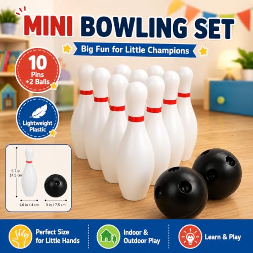 Toddmomy Kids Mini Bowling Set with 10 Pins & 2 Balls, Indoor Outdoor Sports Toy for Toddlers Ages 3-6, Educational Family Games for Boys Girls, Party Favors Birthday Gift (6.3in Tall)