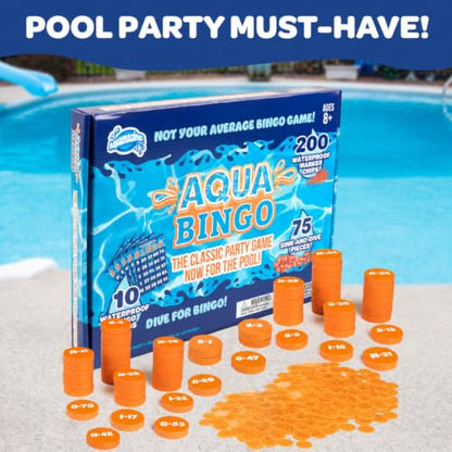 Aqua Pool Bingo Diving Game for Adults & Kids- Swim for & Call 75 Sinking Numbers, Fill Your Card To Win- Includes 200 Marker Chips, 10 Waterproof Play Cards, Summer BBQ Fun, Beach Party Activity Toy