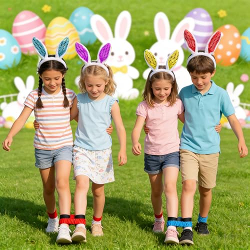 Easter Games for Kids Outdoor, Potato Sack Race Bags, Bunny Ears Headbands, Egg Spoon Relay Races, Legged Relay Race Bands for Easter Eggs Hunt Games