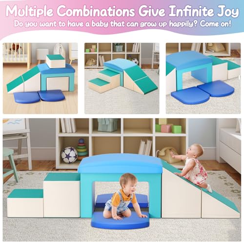 Foam Climbing Blocks for Toddlers - Soft Play Set for Toddlers 1-3 - Climbing Toys - Baby Climbing Gym Foam - with Slide Stairs and Tunnel - Great for All Ages (6 Pc Blue Soft Play Area Set) - color: Blue