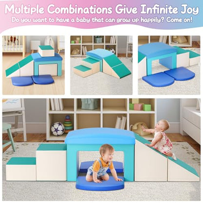 Foam Climbing Blocks for Toddlers - Soft Play Set for Toddlers 1-3 - Climbing Toys - Baby Climbing Gym Foam - with Slide Stairs and Tunnel - Great for All Ages (6 Pc Blue Soft Play Area Set) - color: Blue
