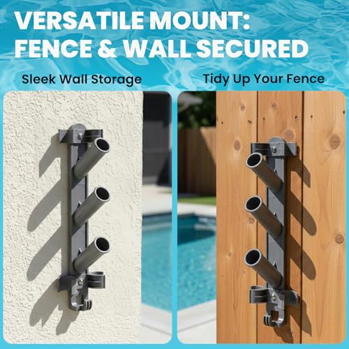 Sepetrel Pool Pole Hanger, Hooks for Poles | Wall & Fence Mounted Equipment Storage Rack with Hooks & Strap, Hose Holder for Pool Cleaning Accessories
