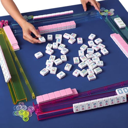 American Mahjong Game Set, 166 Pink Tiles (1.2”), 4 All-in-One Color Rack/Pushers & Drawstring Bag, Complete Mahjong Sets with Pink Printed Carrying Bag and Mahjong Tile Set Accessories - color: Pink