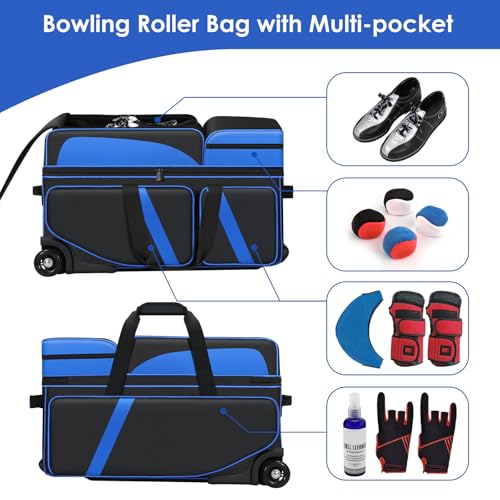3 Ball Bowling Roller Bag with Smooth Wheels & Shoe Compartment, Heavy Duty 3 Ball Bowling Bag with Retractable Handle, Large Capacity Bowling Bag with Multi-pockets for Tournament, Travel, League - color: Blue