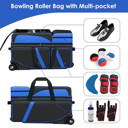 3 Ball Bowling Roller Bag with Smooth Wheels & Shoe Compartment, Heavy Duty 3 Ball Bowling Bag with Retractable Handle, Large Capacity Bowling Bag with Multi-pockets for Tournament, Travel, League - color: Blue