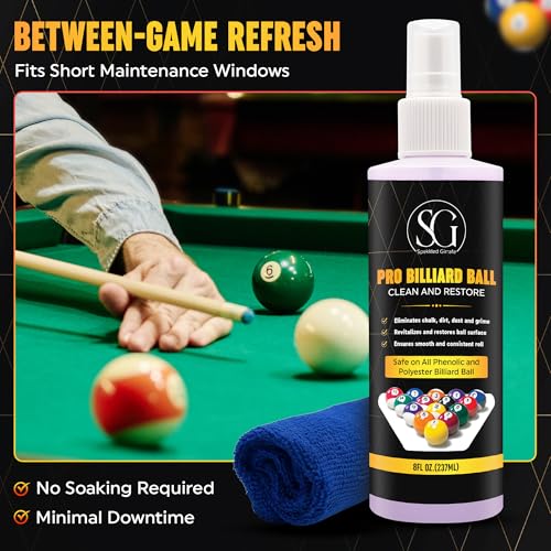 Billiard Ball Cleaner and Restorer with Cleaning Cloth - Pool Ball Cleaner for Consistent Roll, Billiard Ball Cleaner Spray for Professional Care - Removes Chalk Residue, Dust, Dirt, and Grime - 8 Oz