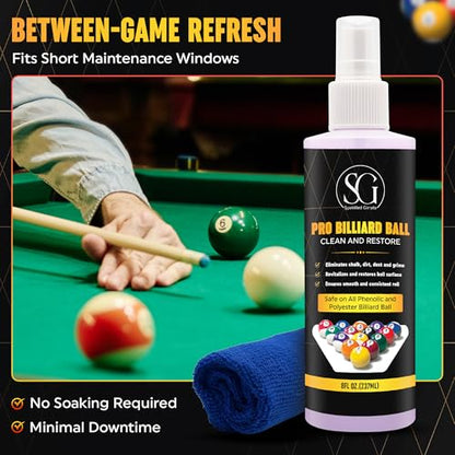 Billiard Ball Cleaner and Restorer with Cleaning Cloth - Pool Ball Cleaner for Consistent Roll, Billiard Ball Cleaner Spray for Professional Care - Removes Chalk Residue, Dust, Dirt, and Grime - 8 Oz